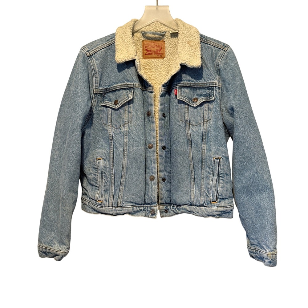 Levis Sherpa Lined Denim Trucker Jacket Light Wash Blue Mens XL Western Coat